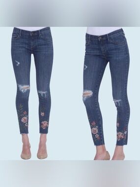 DRIFTWOOD Dark Blue Embroidered Distressed Ankle Jeans